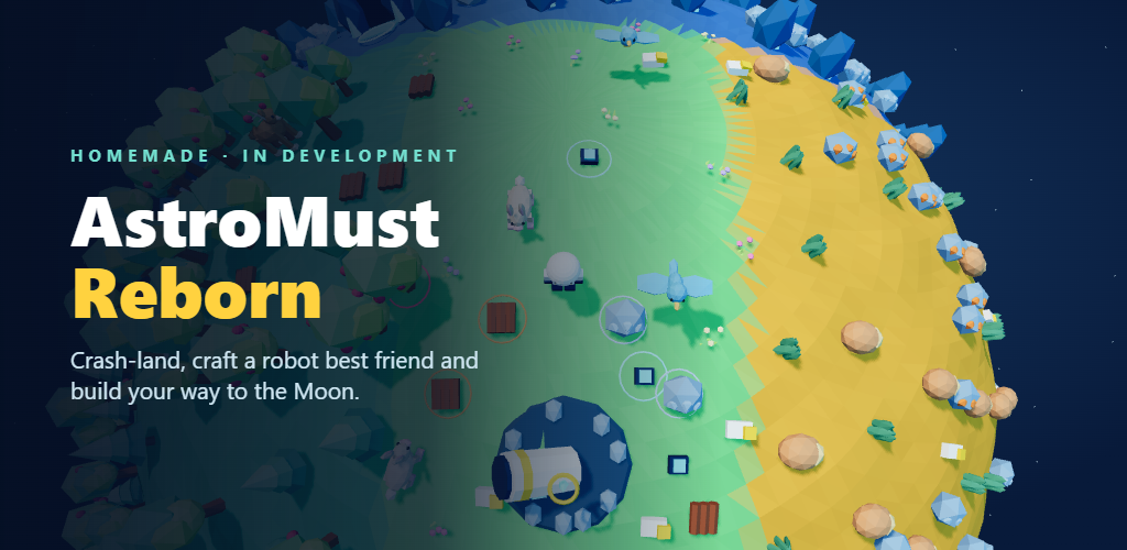 AstroMust Reborn: a tiny low-poly planet with trees, crystals and a crashed capsule